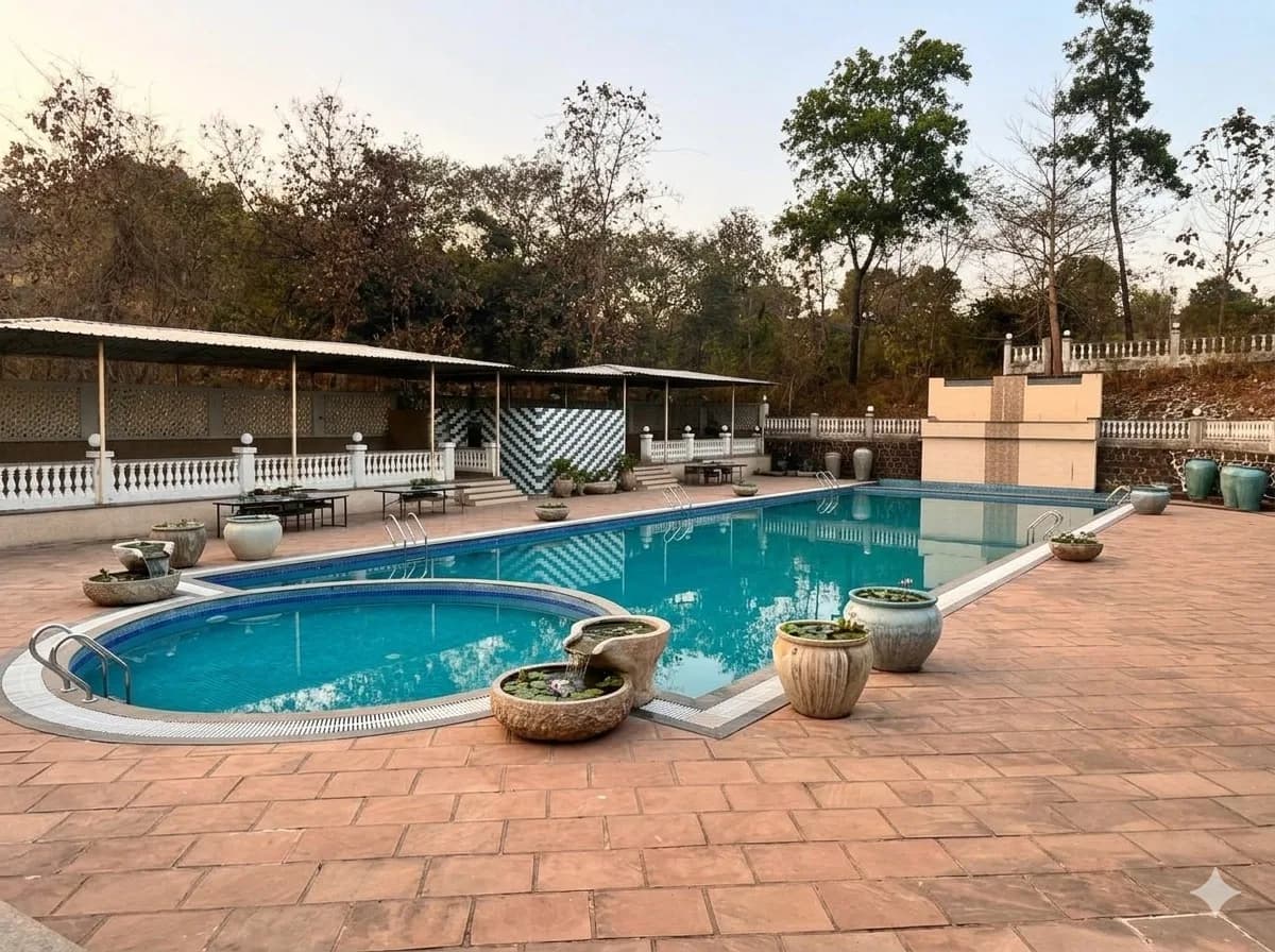 Poolside dining terrace with planters and shaded seating